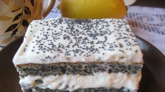 Poppy seed cake with butter cream and prunes