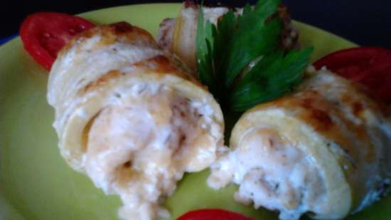 Zucchini rolls with chicken in a Princess pizza maker or oven