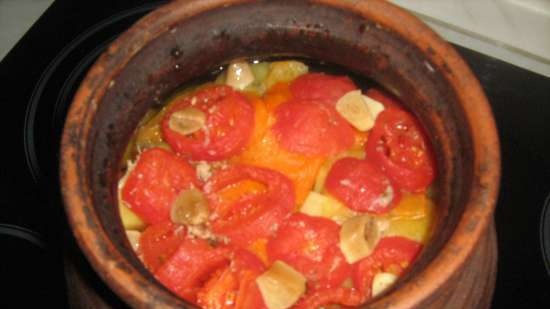 Pot of meat and vegetables with broth