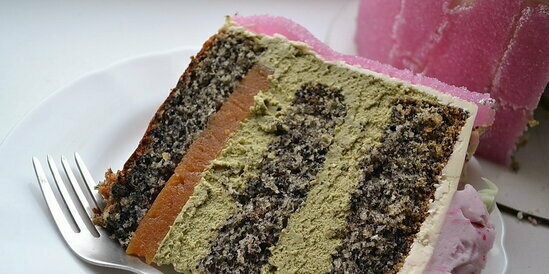 Pan di Spagna con semi di sesamo nero, gelatina di albicocche e mousse al matcha