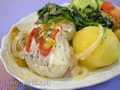 Steamed cod in white wine and boiled potatoes with spinach (two in one) in Oursson pressure cooker