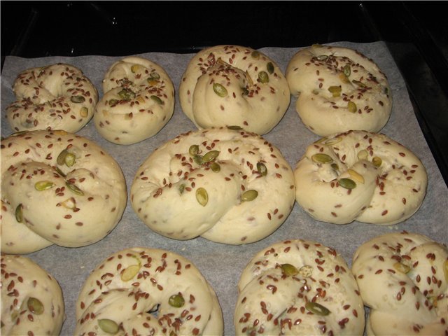 Sesame, flax and pumpkin pretzels