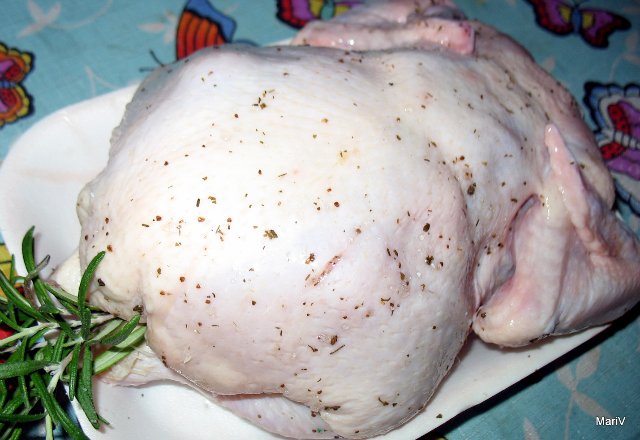 Pollo con un mazzetto di rosmarino in afedrone