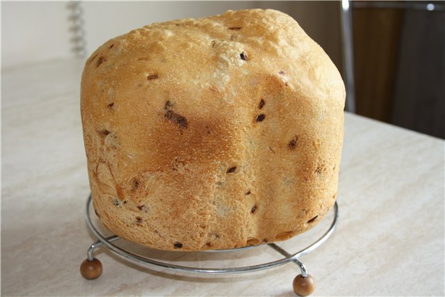 Stokbrood met uien in een broodbakmachine (door Bulochka)