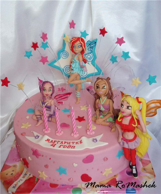 Mga cake na may mga engkanto batay sa cartoon Winx at iba pa