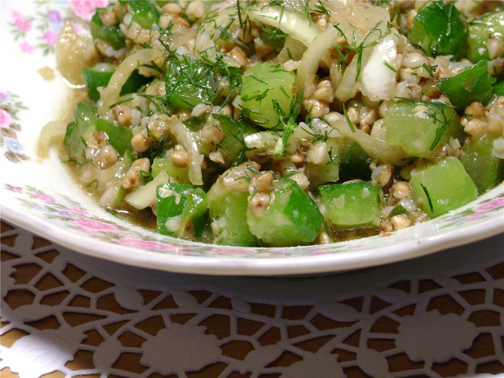 Fresh cucumber salad with buckwheat