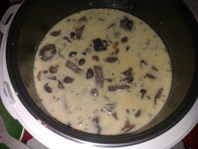 Cor de vedella a la crema de llet amb bolets (Scarlett SC-410 multicooker)