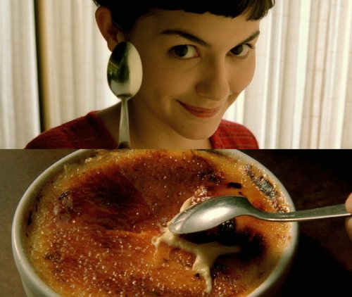 Creme brulee med pelargoner fra filmen Le fabuleux destin d`Amelie Poulain (Amelie)