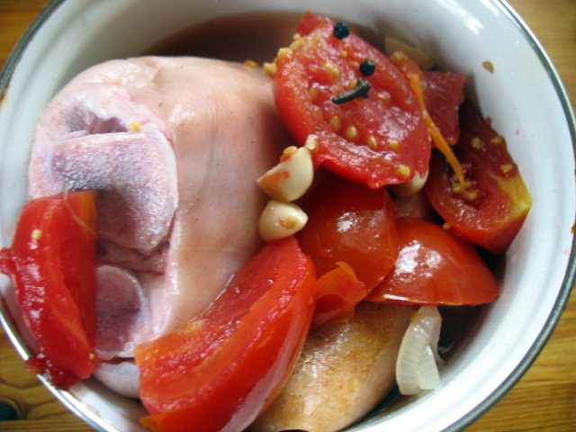 Boar's knee No. 3 smoked and baked on a portable smokehouse and Brand pressure cooker