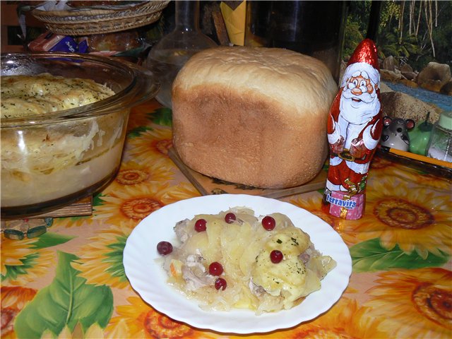 Pollo con chucrut y patatas al horno