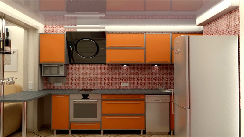 El sueño de Maniac. Cocina en colores verde claro y naranja.