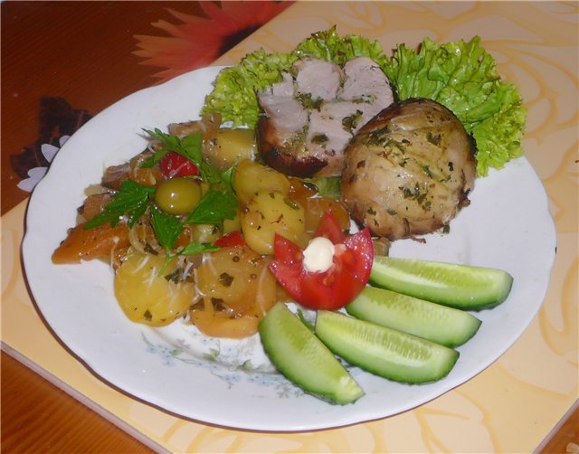 Cerdo al horno con calabaza, azafrán y romero.