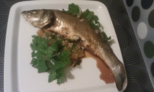 Lupo di mare (branzino) in salsa di soia con zucca