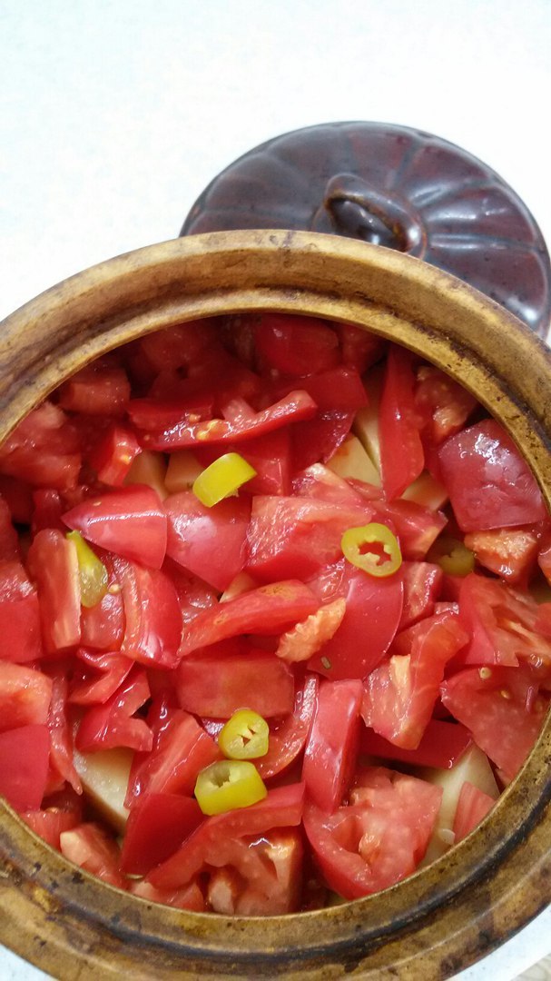 Pot of meat and vegetables with broth