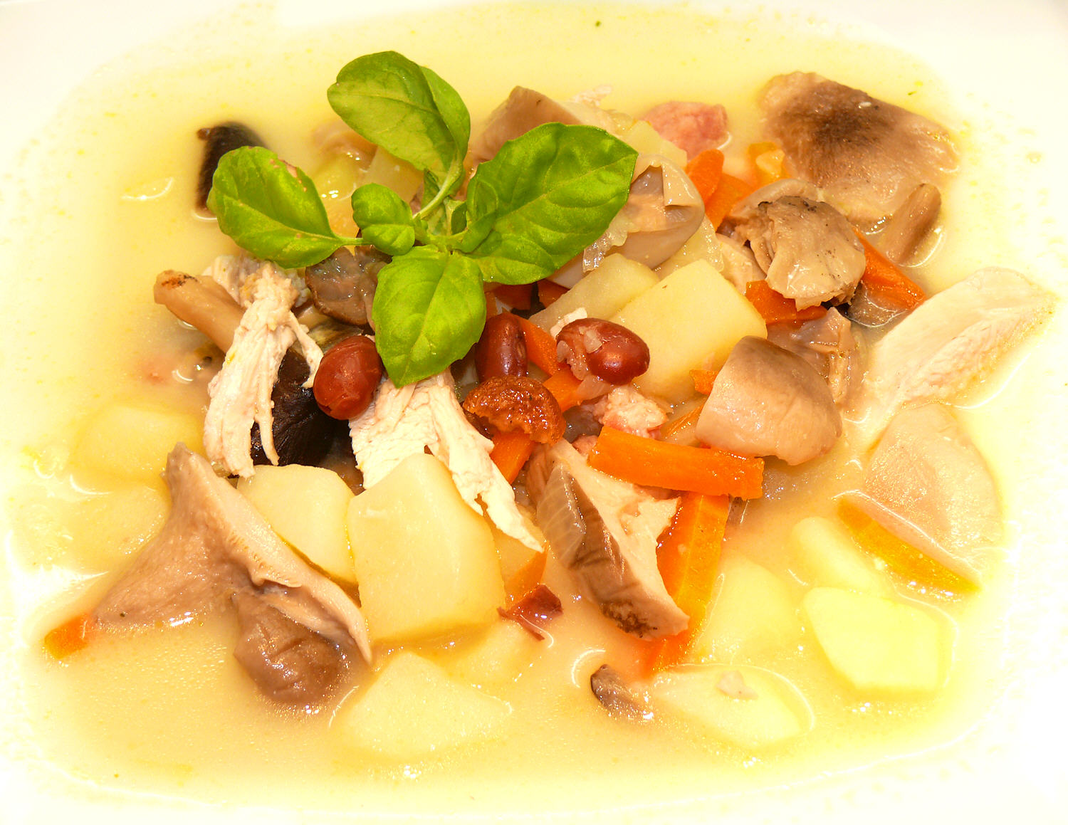 Mushroom soup with smoked meats, beans and chicken breast