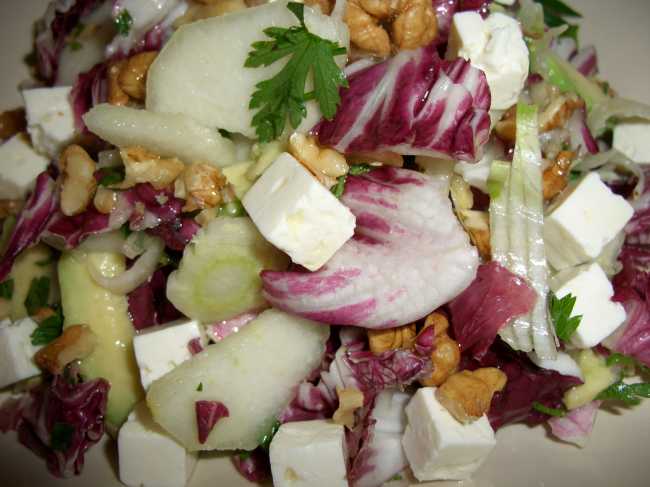 Salad with red salad, pear, avocado, feta cheese